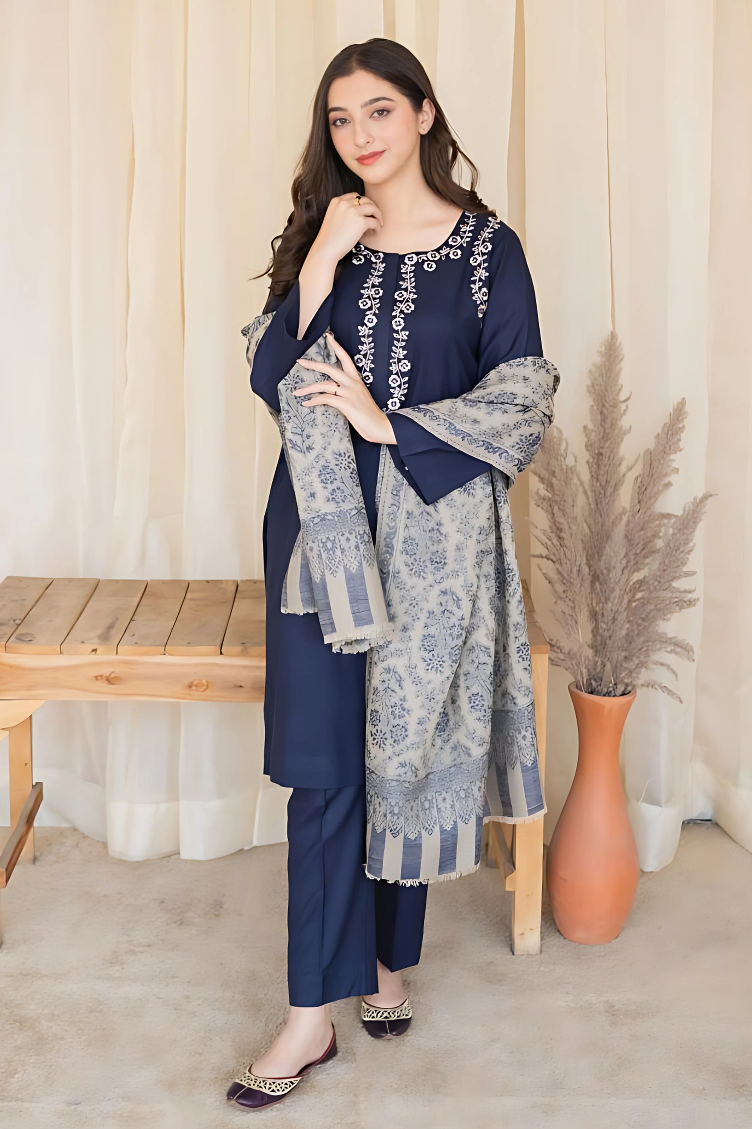 AISLING Dhanak 3PC Embroidered With Digital Printed Wool Shawl-629