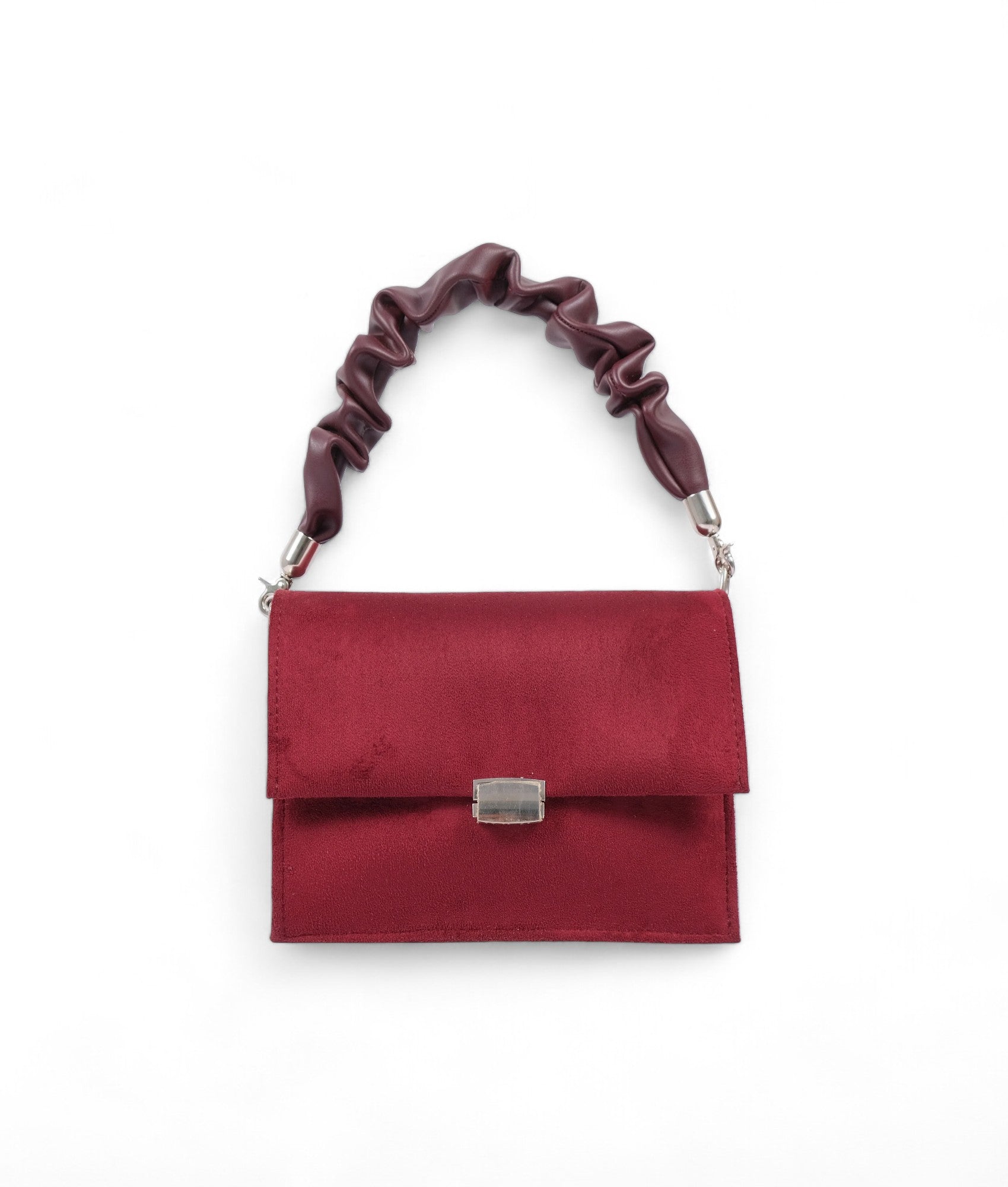 Burgundy suede top-handle mini cross-body bag