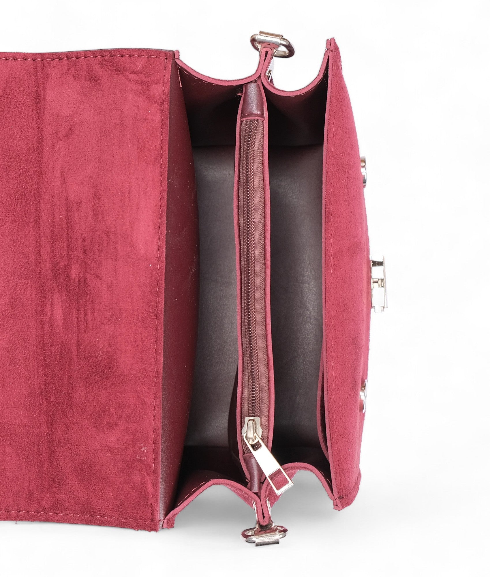 Burgundy suede top-handle mini cross-body bag