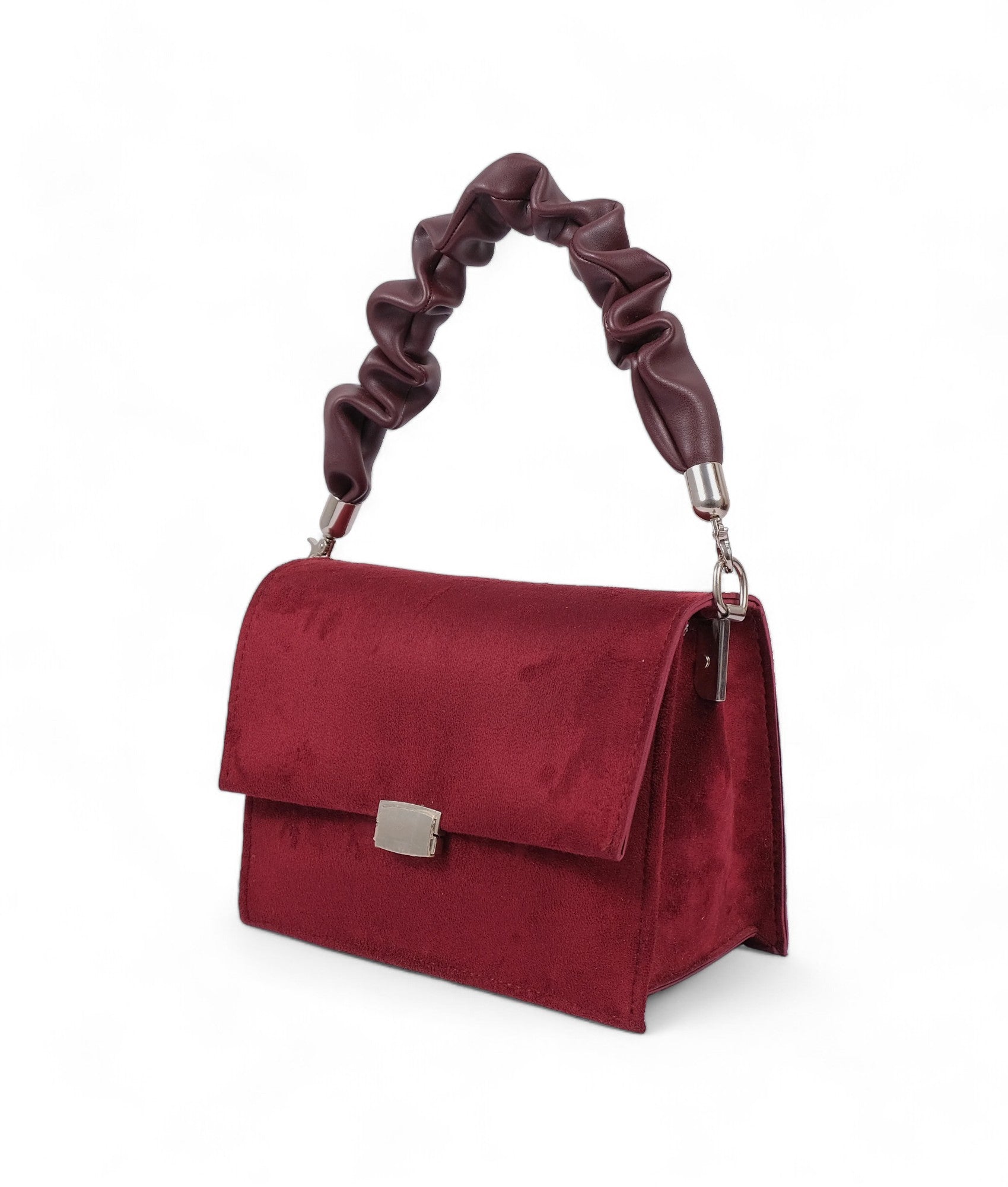 Burgundy suede top-handle mini cross-body bag