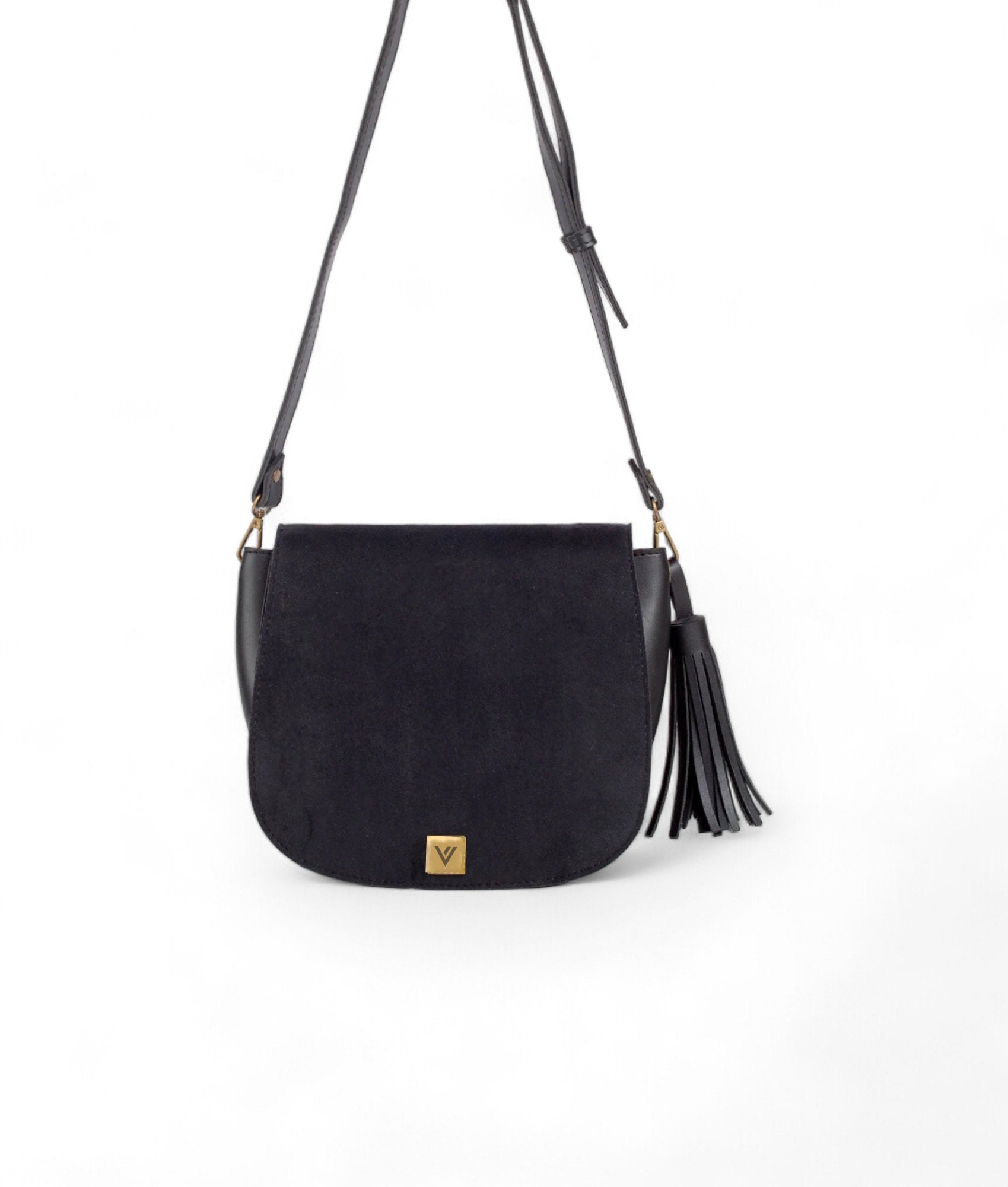 Black Suede Foldover Saddle Bag