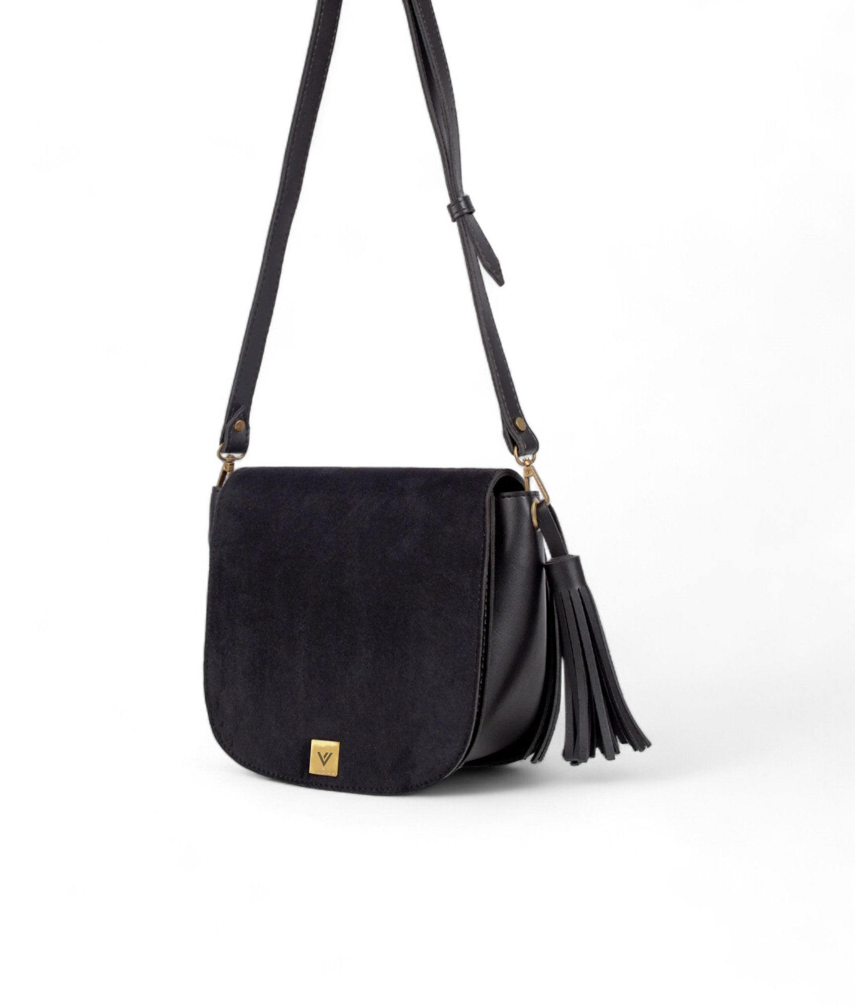 Black Suede Foldover Saddle Bag