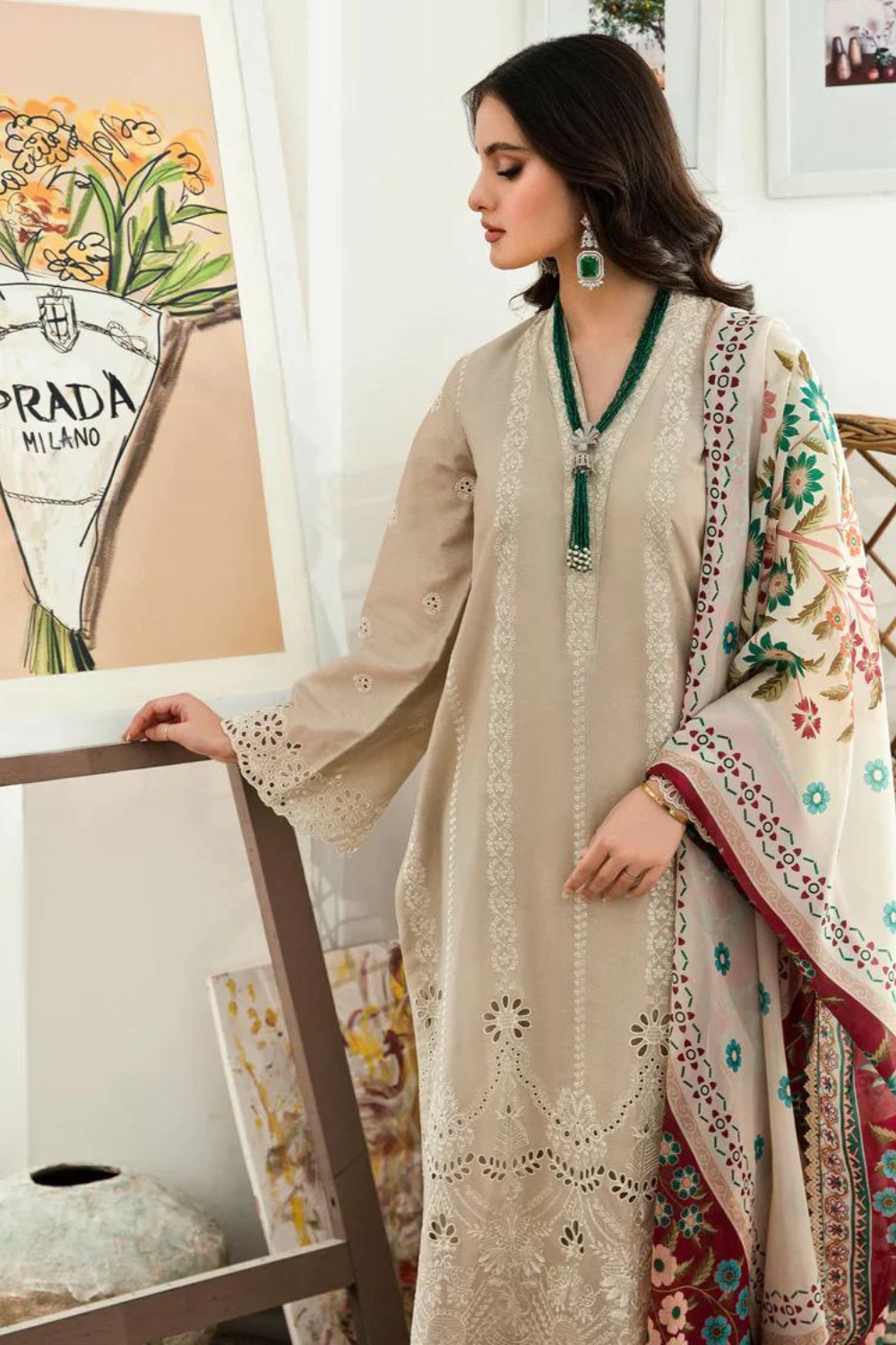 Maria B Dhanak 3PC Chickenkari Embroidered Shirt With Print Shawl-663