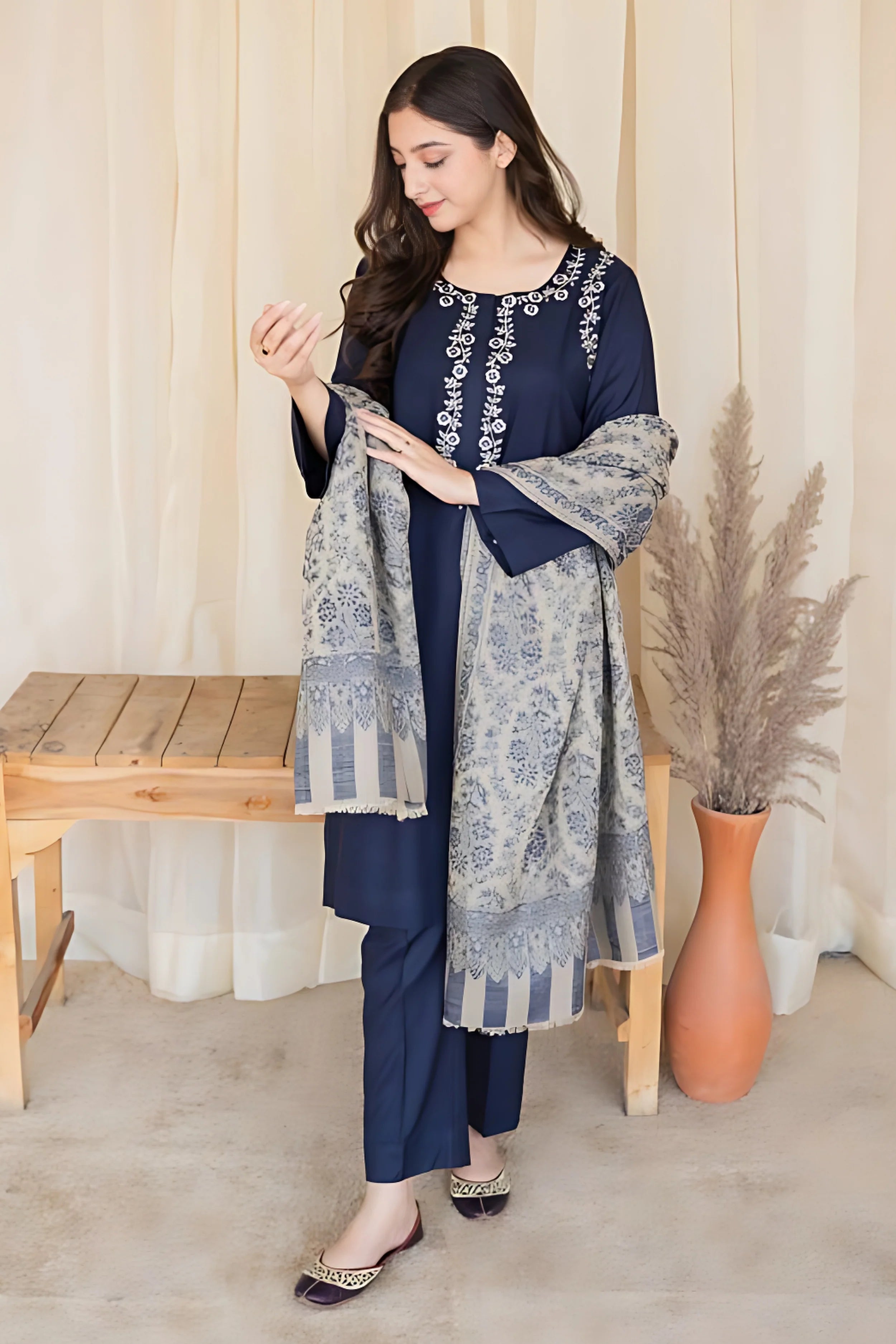 AISLING Dhanak 3PC Embroidered With Digital Printed Wool Shawl-629