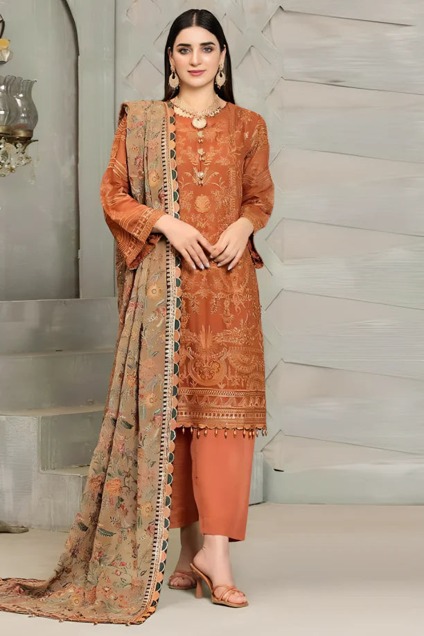 Mushq Linen 3PC Embroidered With Chiffon Embroidered Dupatta-672