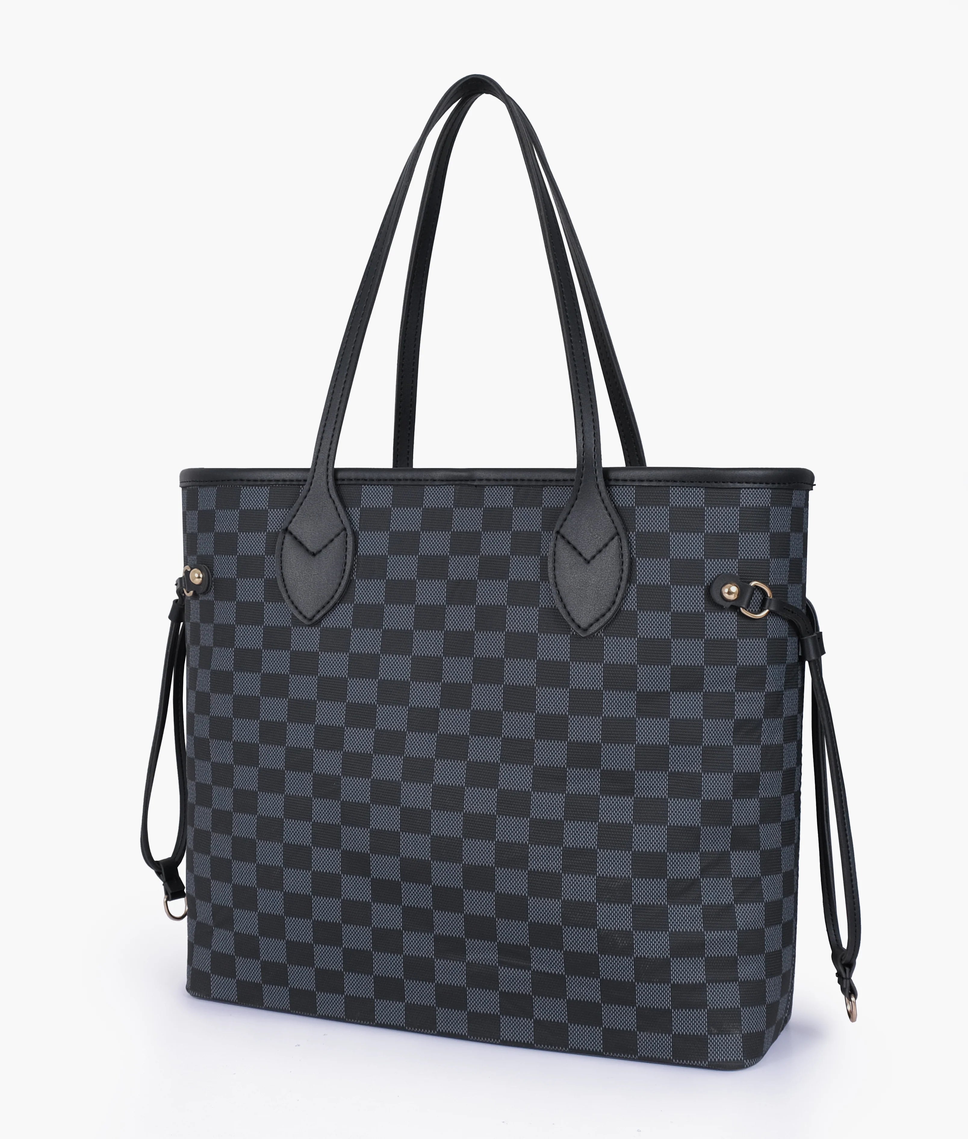 Black checkered tote bag with pouch