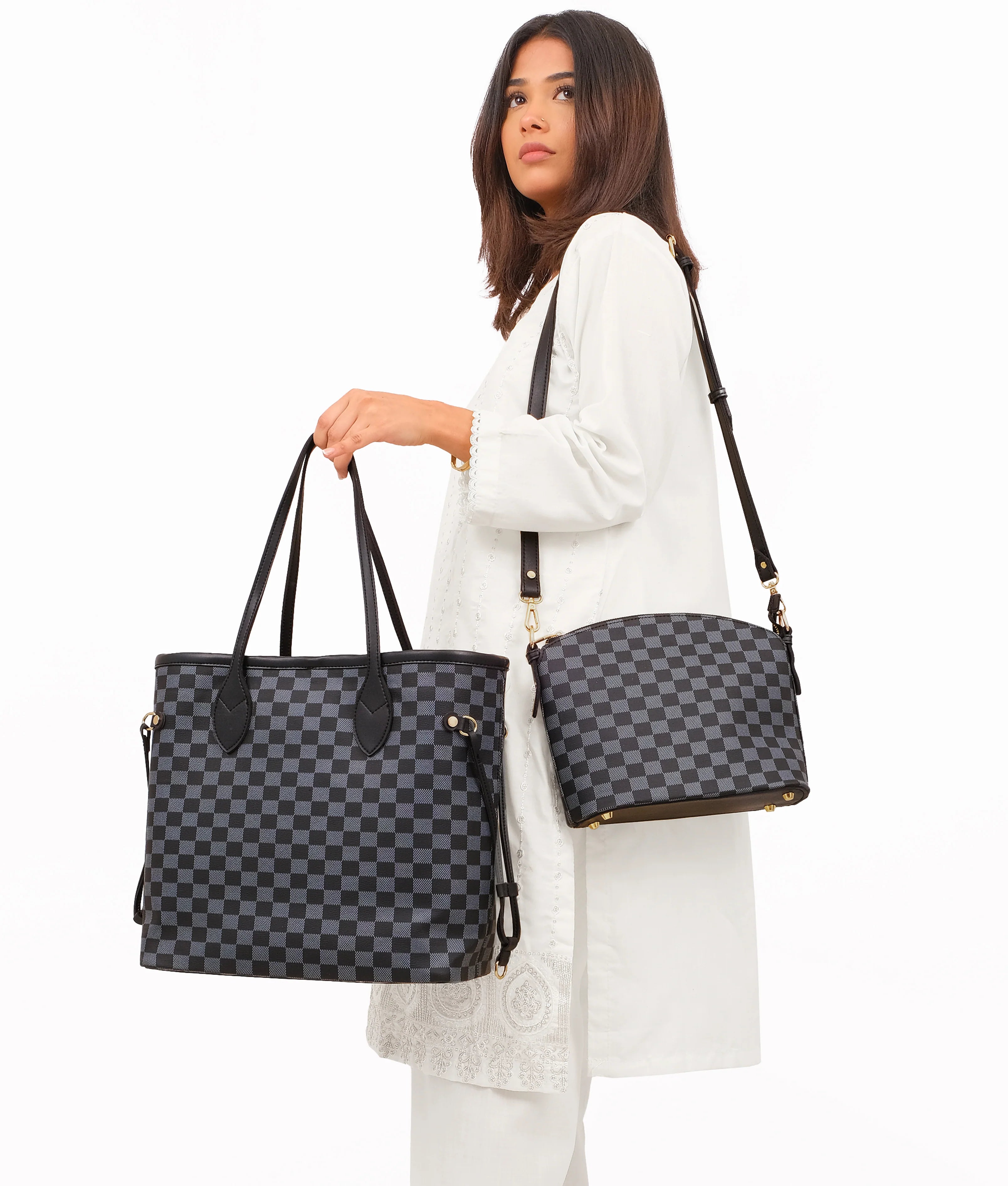 Black checkered tote bag with pouch