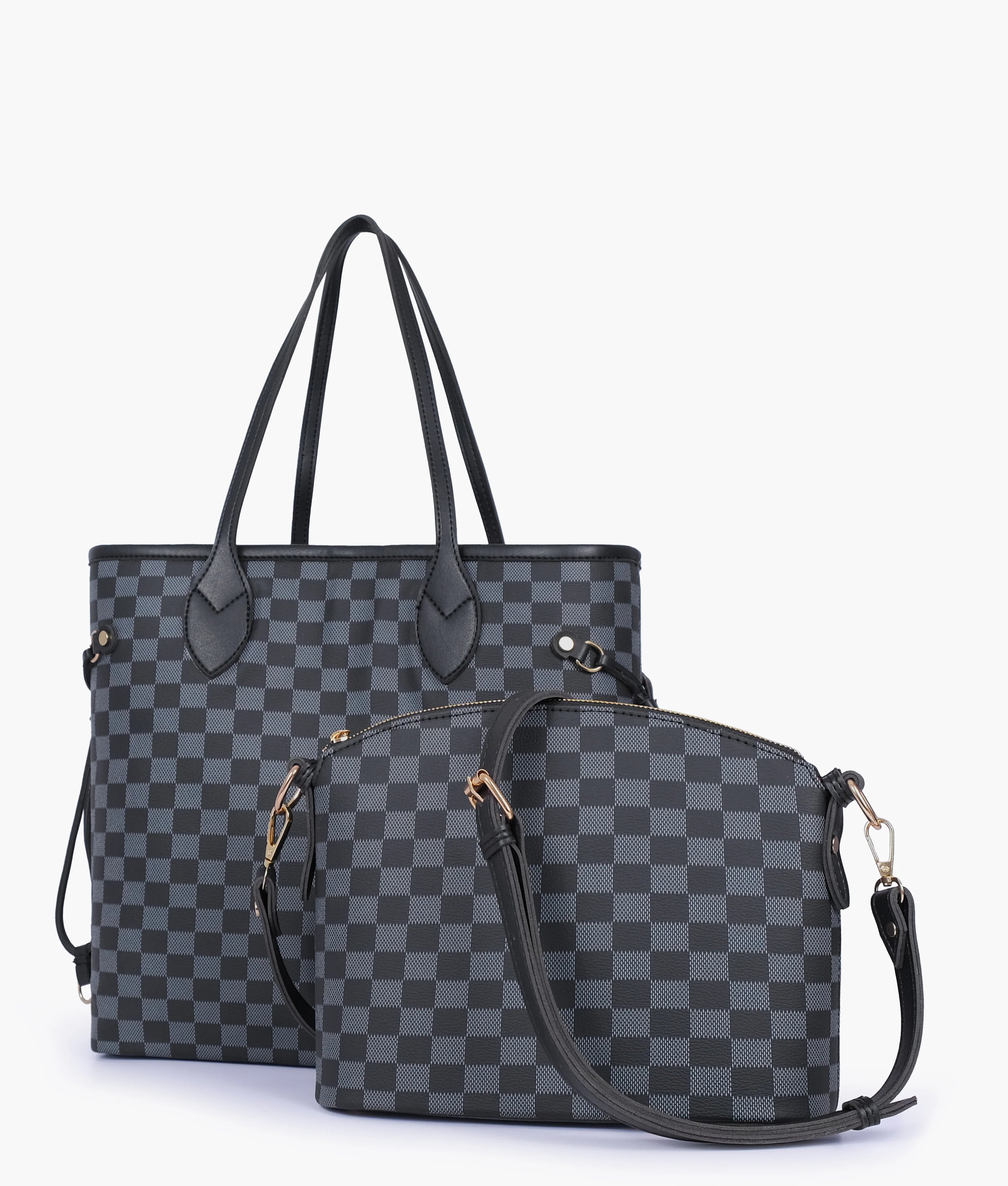 Black checkered tote bag with pouch