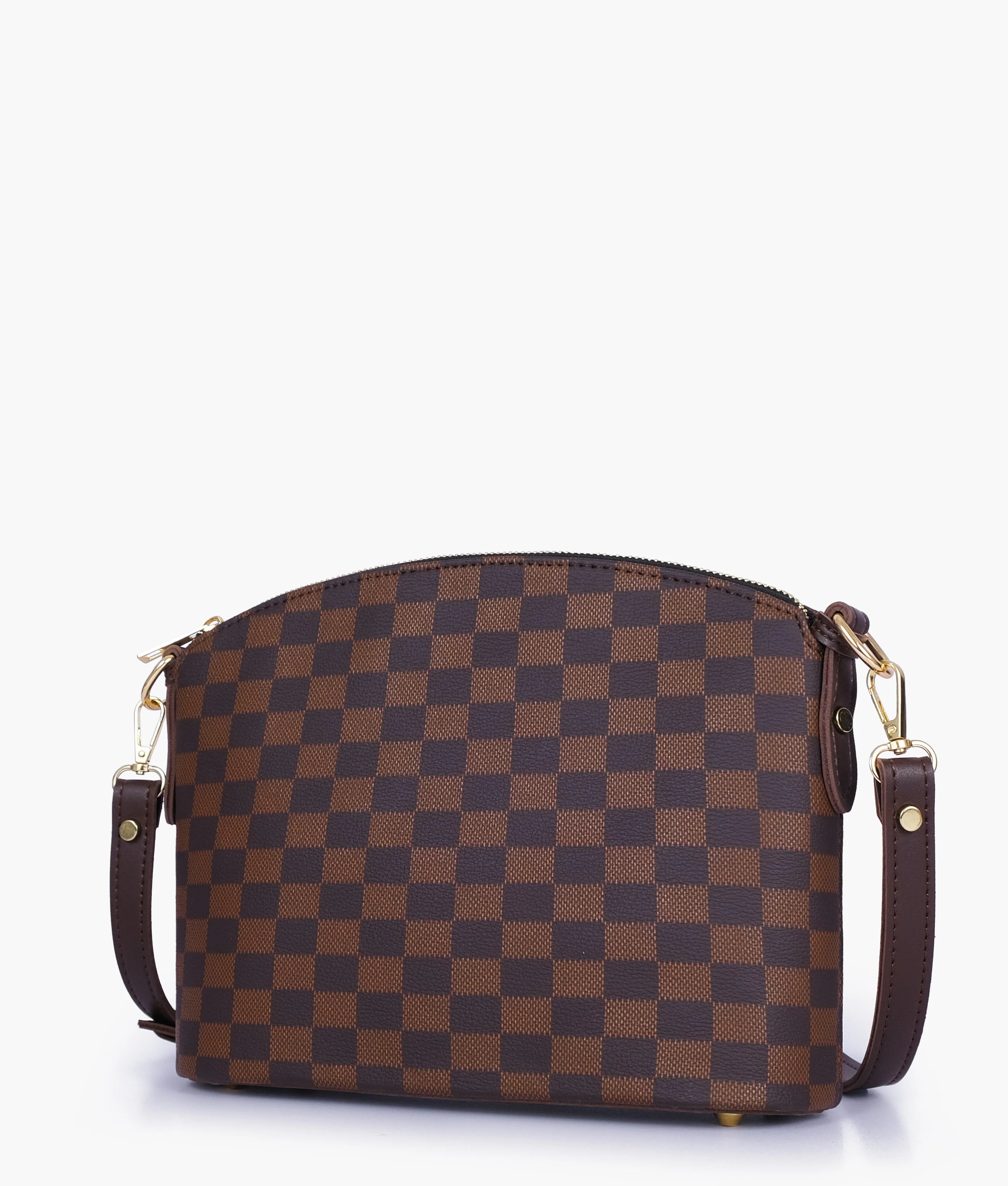 Dark brown checkered dome cross-body bag