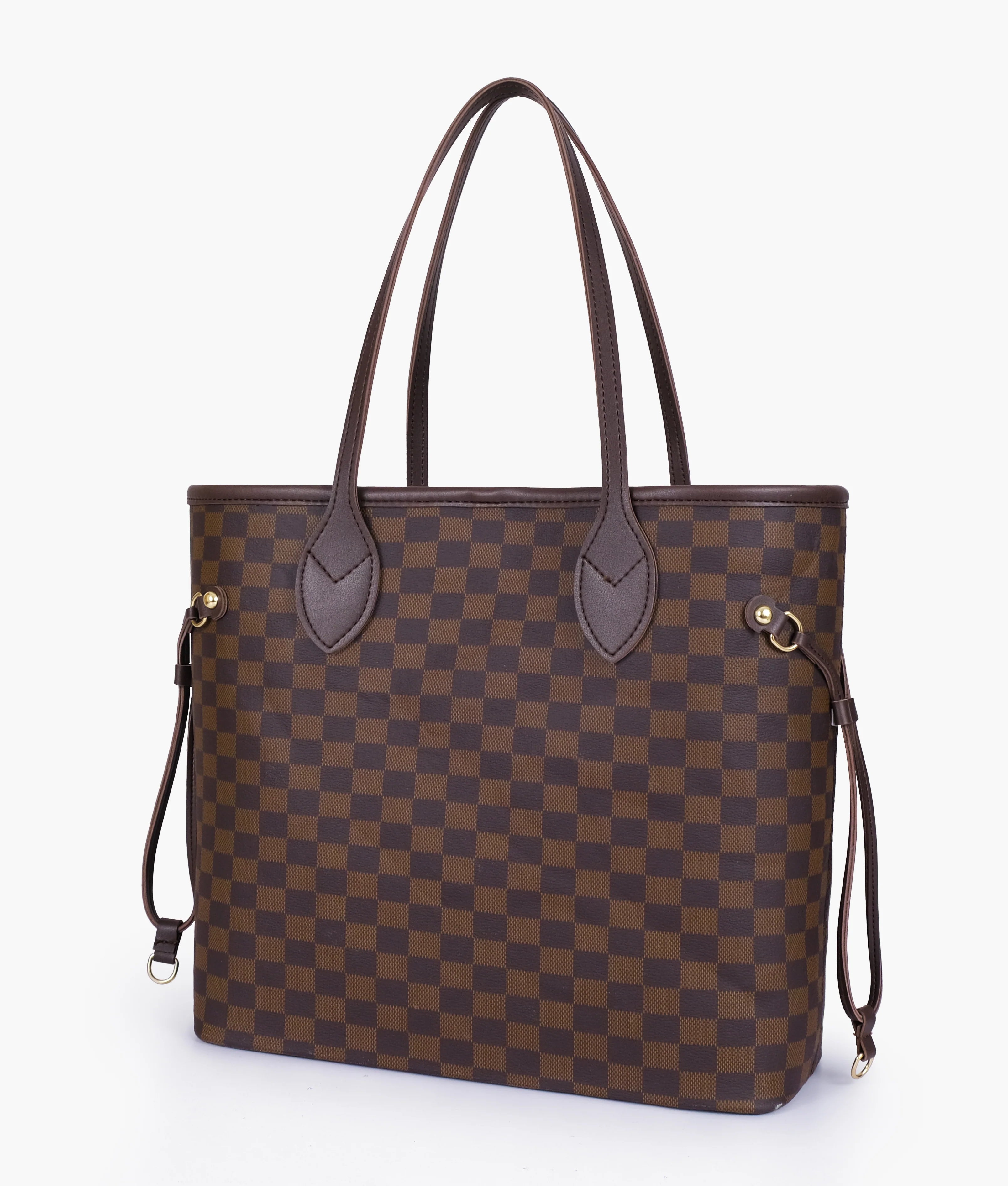 Brown checkered tote bag with pouch