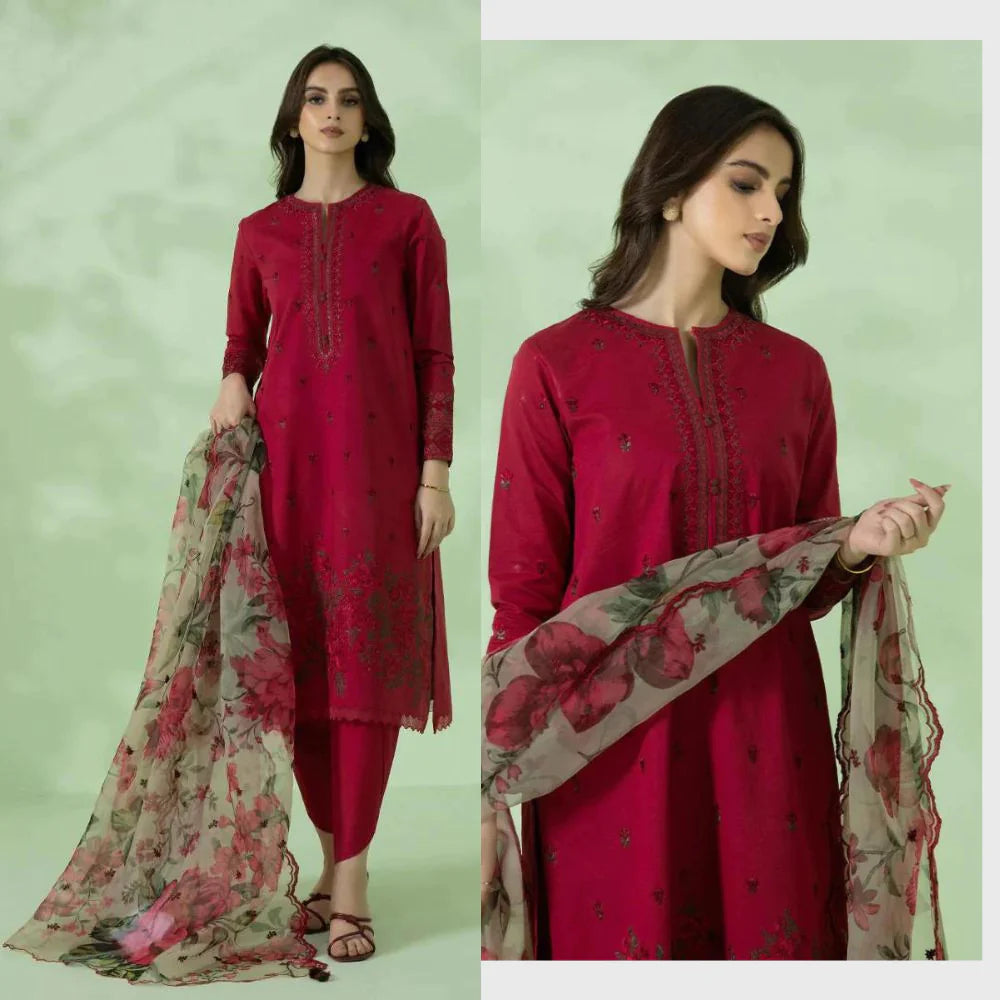 SAPPHIRE 3PC Dhanak Embroidered Shirt With Organza Printed Dupatta-677